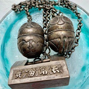 Antique Vintage Chinese Silver Longevity Necklace Pendant Bells Flawless